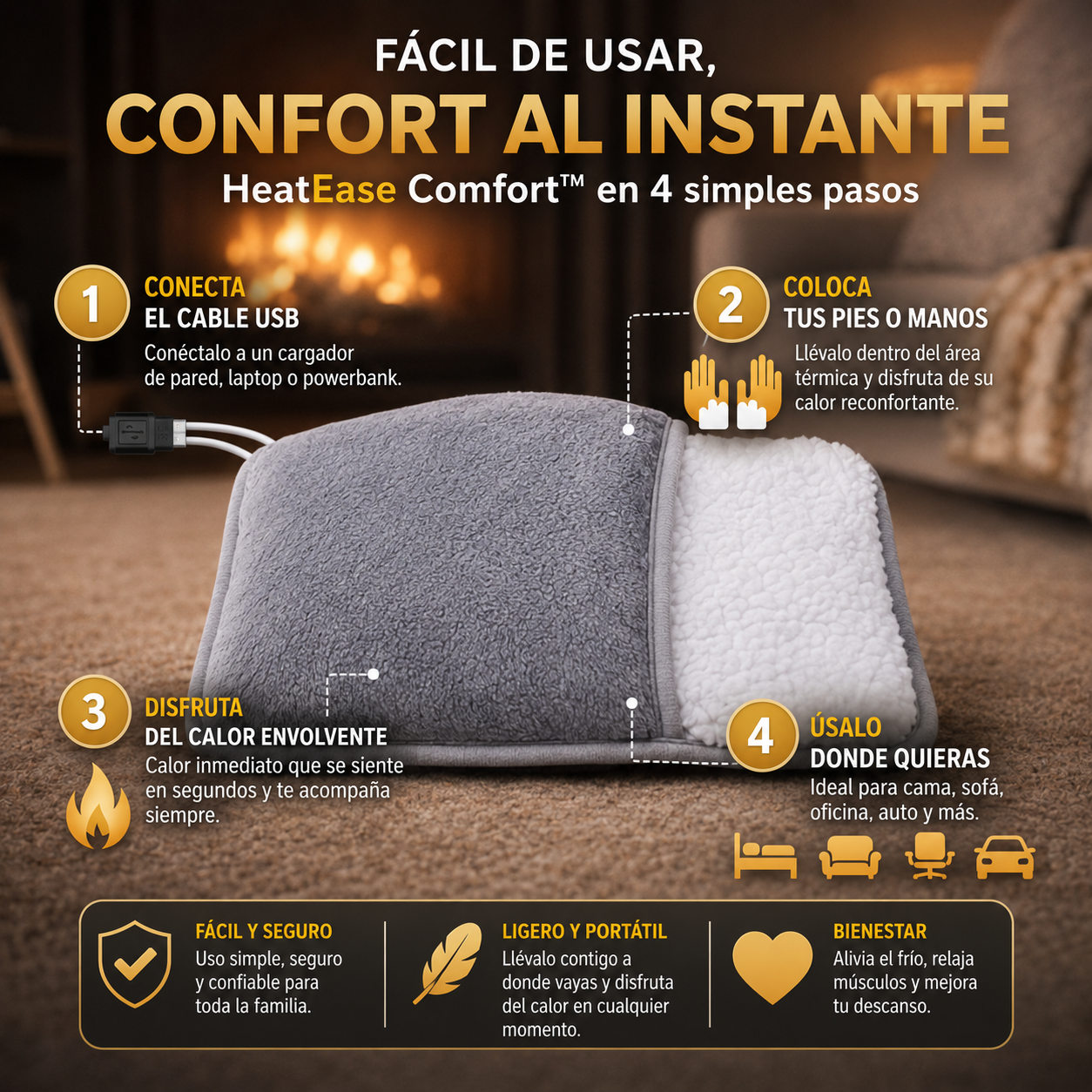 HeatEase Comfort™ | Calor envolvente para pies y manos en segundos.