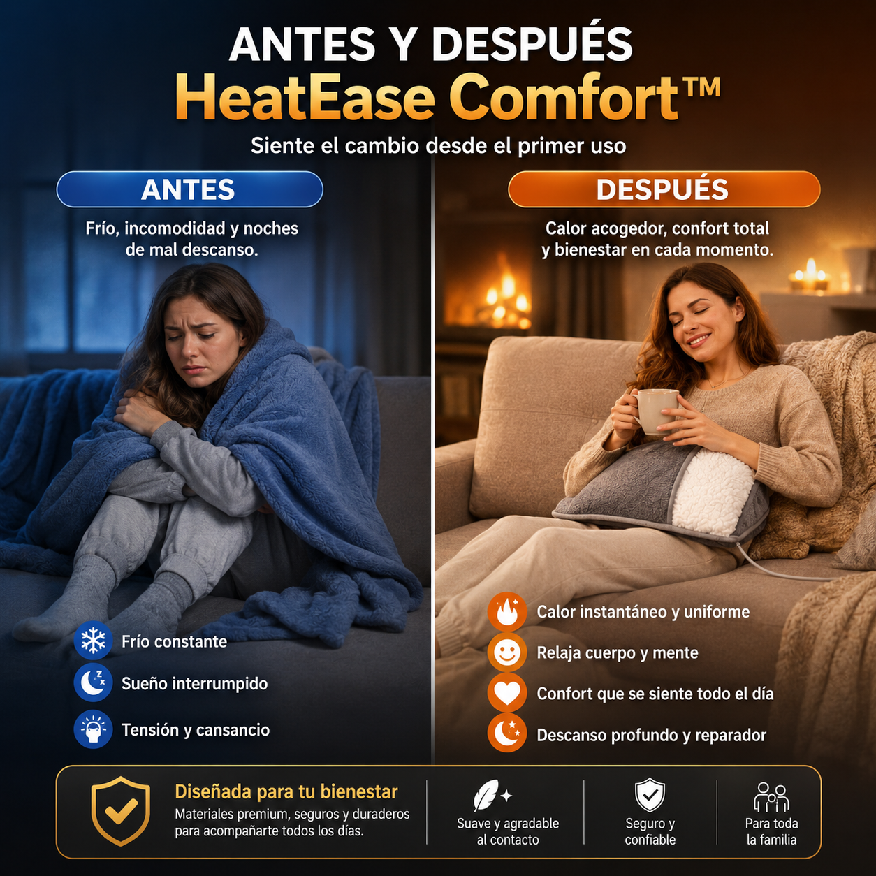 HeatEase Comfort™ | Calor envolvente para pies y manos en segundos.