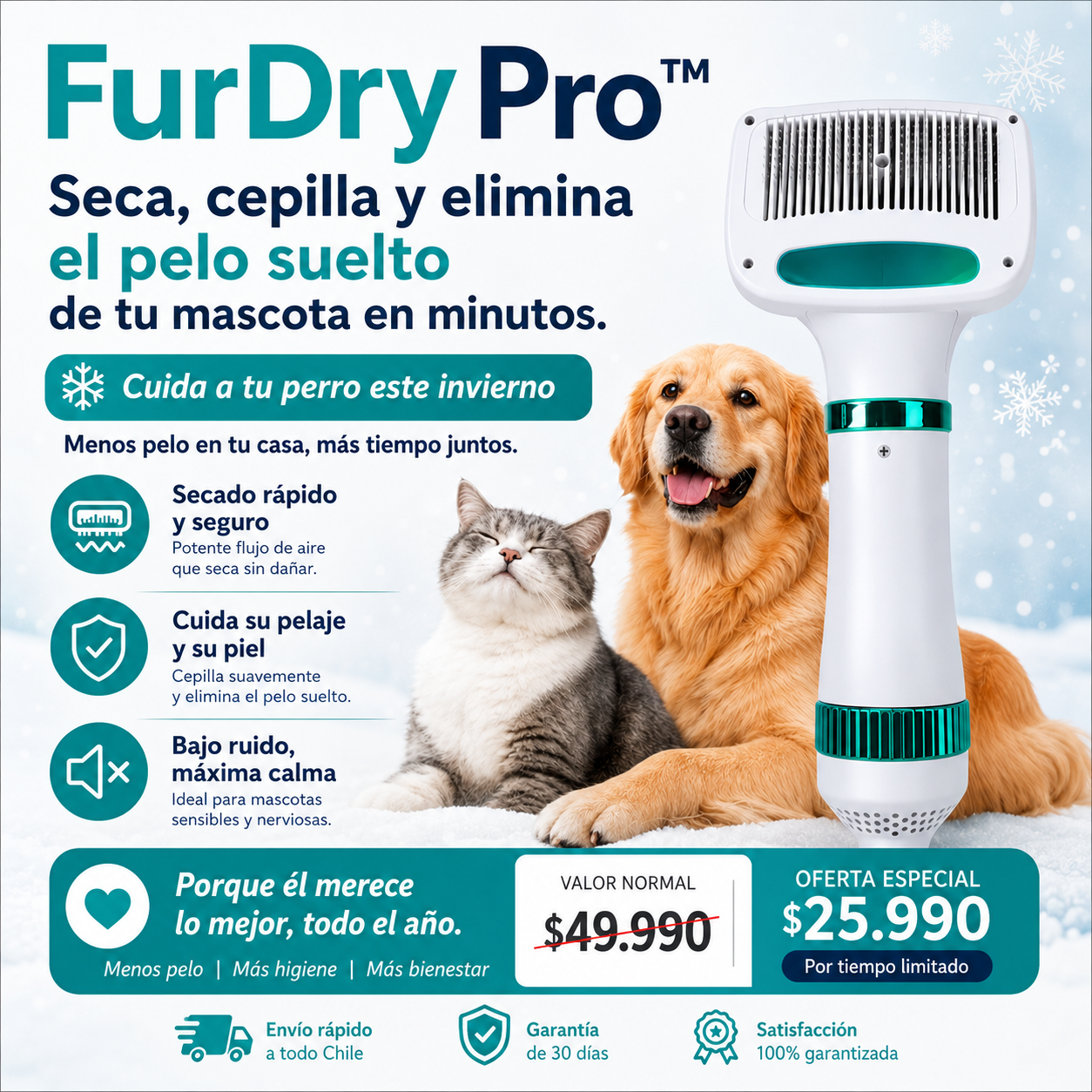 FurDry Pro™ | seca, cepilla y elimina el pelo suelto de tu mascota en minutos.